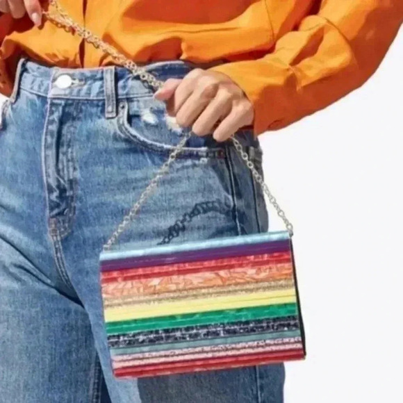 Kurt Geiger London Party Multi Stripe Rainbow Glitter Envelope Clutch RARE - Picture 2 of 13